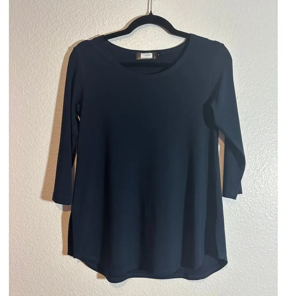 Sympli Women's Size 4 Go To Classic Relax Tee Navy Blue Stretch 3/4 Sleeves Top